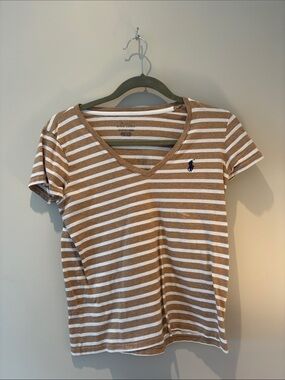 Ralph Lauren Brown and White Striped V‑Neck Tee